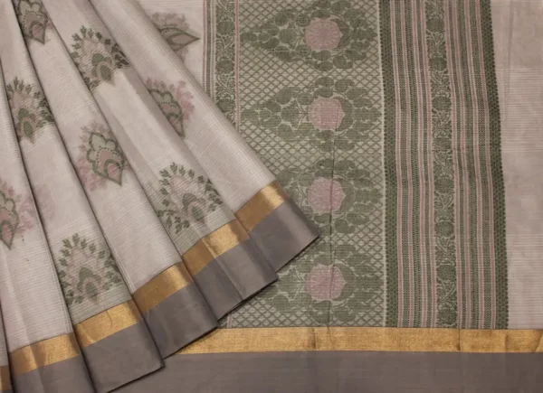 Pure Handloom Kovai Cotton Saree In Light Grey