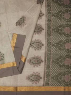 Close-up of thread work buttas and floral thread work on Light Grey Kovai Cotton Saree