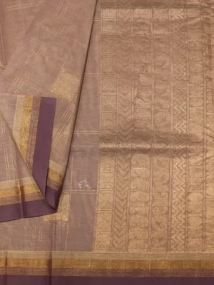 Close-up of peacock zari motifs and long check patterns on Mauve Purple Kovai Cotton Saree