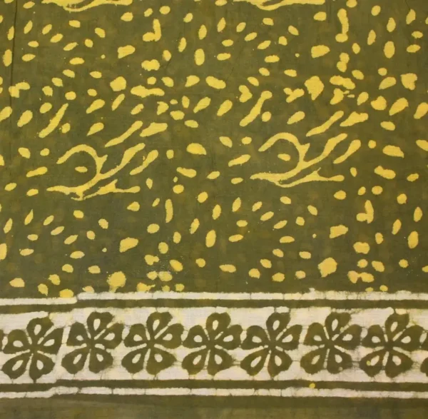 Olive Green Mulmul Cotton Saree With Hand Block