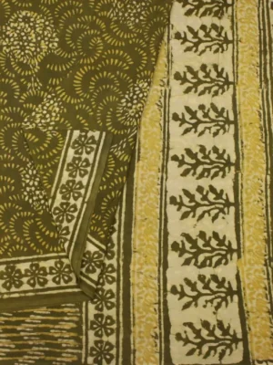 Close-up of hand block print motifs on Olive Green Mulmul Cotton Saree