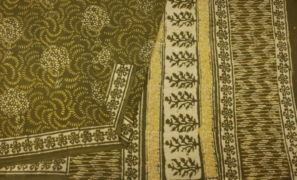 Olive Green Mulmul Cotton Saree With Hand Block
