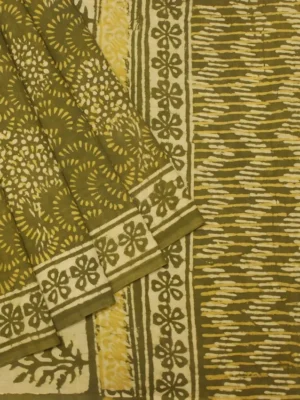 Olive Green Mulmul Cotton Saree With Hand Block