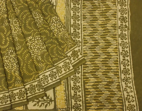 Olive Green Mulmul Cotton Saree With Hand Block
