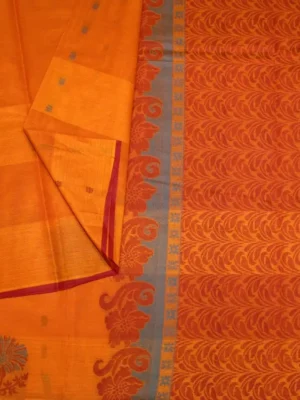 Close-up of floral thread work motifs on Orange Kovai Cotton Saree
