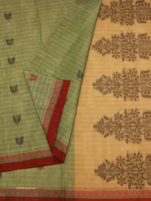 Close-up of floral thread work motifs and red border on Pear Green Kovai Cotton Saree
