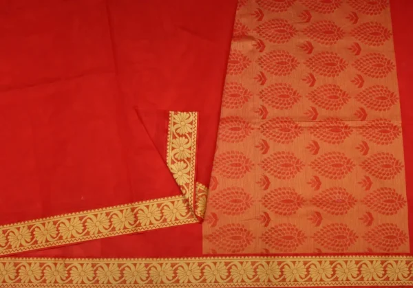 Pure Red Embossed Cotton Saree With Floral