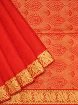 Pure Red Embossed Cotton Saree With Floral