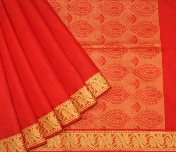 Pure Red Embossed Cotton Saree With Floral