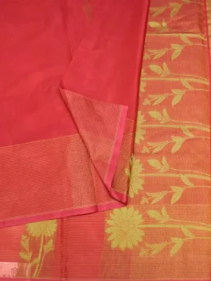 Close-up of leaf and floral thread work motifs on Rani Pink Kovai Cotton Saree
