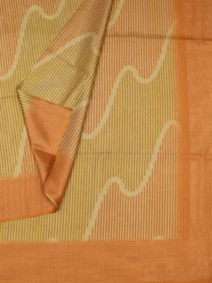 Close-up of multicolor stripe pattern and copper zari border on Peach Semi Tussar Saree