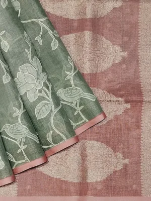 Semi Kota Fancy Saree In Sage Green