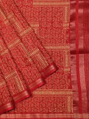 Semi Tussar Saree In Crimson Red With Jaal Work