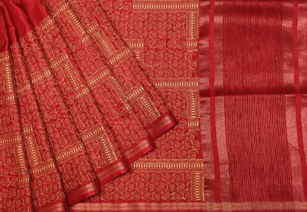 Semi Tussar Saree In Crimson Red With Jaal Work