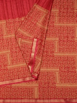 Close-up of golden floral jaal and zari striped pallu on Crimson Red Semi Tussar Saree
