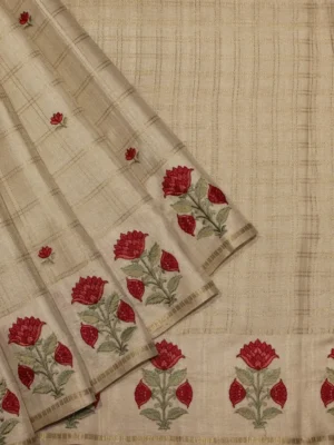 Cream Floral Semi Tussar Saree