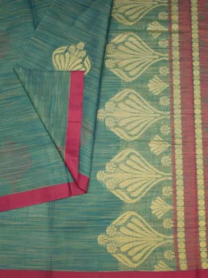 Close-up of floral thread work motifs and geometric patterns on Teal Blue Kovai Cotton Saree