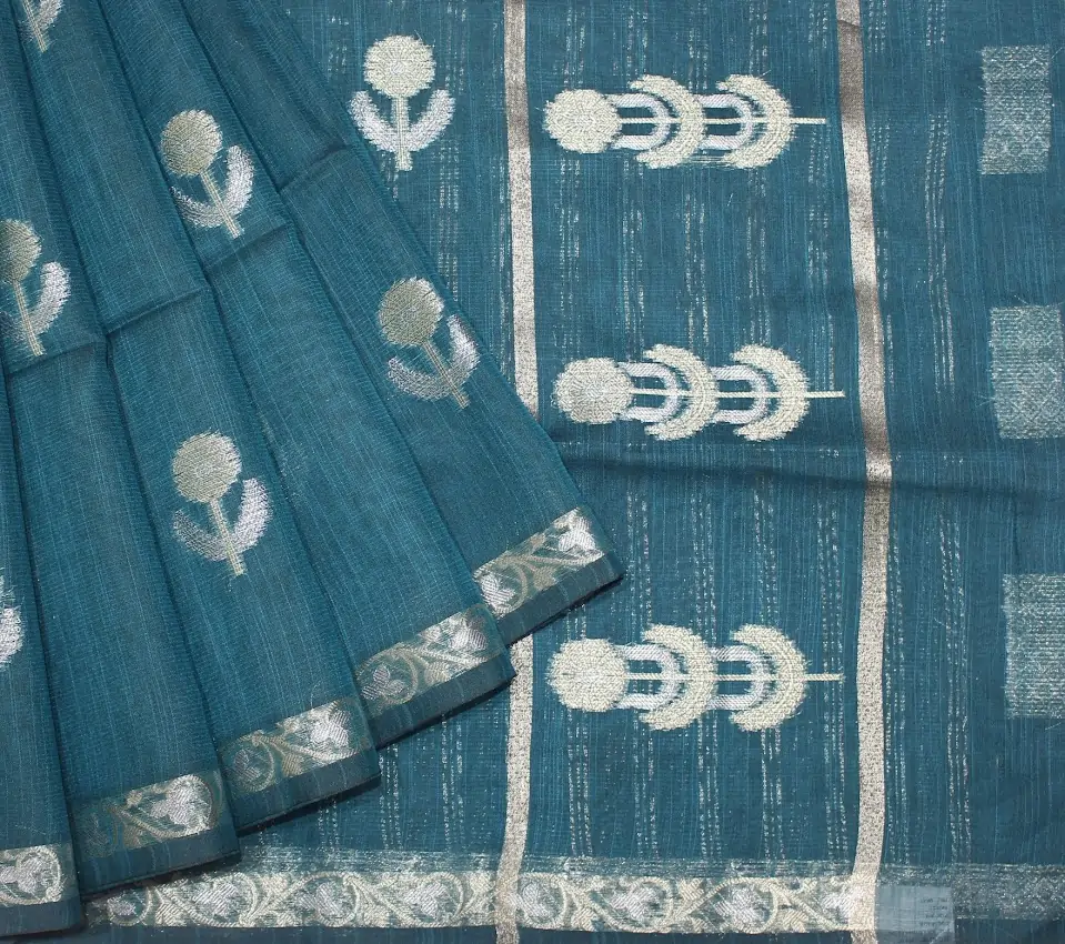 Semi Tussar Saree In Teal Blue