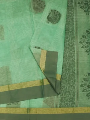 Close-up of peacock thread work motifs and checks pattern on Teal Green Kovai Cotton Saree