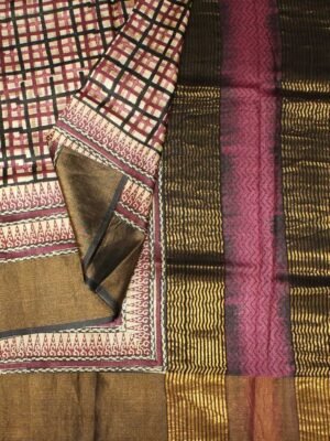 Cream Checks Pure Tussar Silk Saree