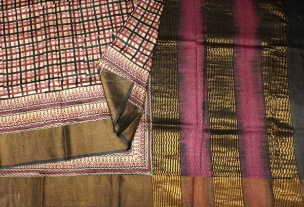 Cream Checks Pure Tussar Silk Saree