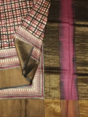 Cream Checks Pure Tussar Silk Saree with Bavanci Border Closeup
