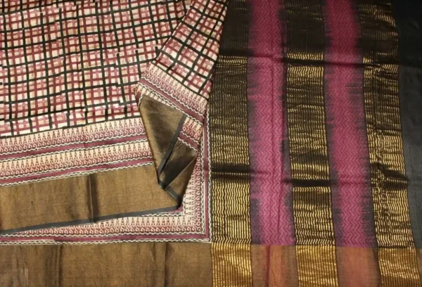 Cream Checks Pure Tussar Silk Saree