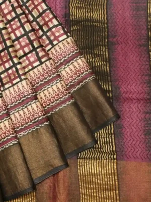 Cream Checks Pure Tussar Silk Saree