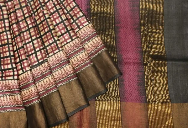 Cream Checks Pure Tussar Silk Saree