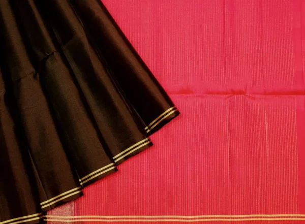 Pure Soft Silk Saree In Dark Brown With Rani Pink