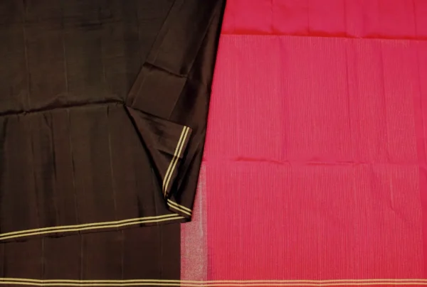 Pure Soft Silk Saree In Dark Brown With Rani Pink