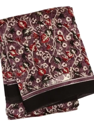 Dusty Violet Pure Chanderi Cotton Saree with floral vine print and contrast black border In CloseUp