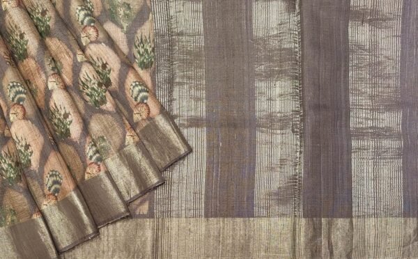Gray Tussar Silk Saree with Silver Zari Border