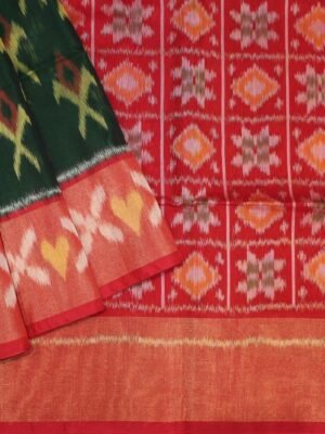 Dark Green Pochampally Silk Cotton Saree with Red Pallu