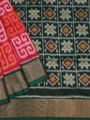 Red Pochampally Silk Cotton Saree with Dark Green Pallu