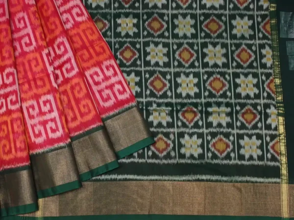 Red Pochampally Silk Cotton Saree with Dark Green Pallu