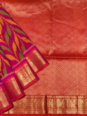 Handloom Rani Pink Soft Silk Saree with Orange Pochampally Ikkat