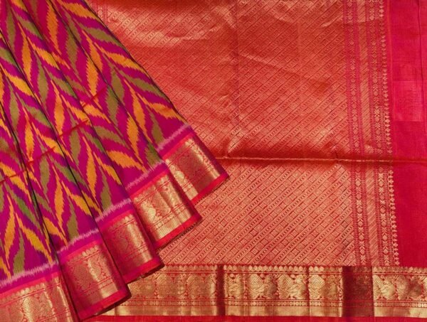 Handloom Rani Pink Soft Silk Saree with Orange Pochampally Ikkat