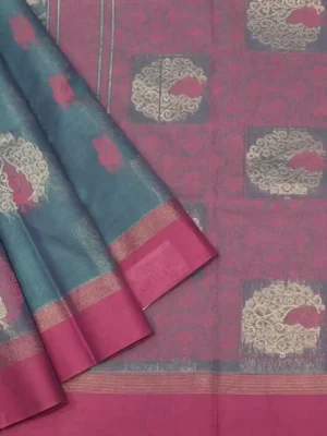 Handloom Pure Kovai Cotton Saree in Teal Peacock Blue with Pink Accents