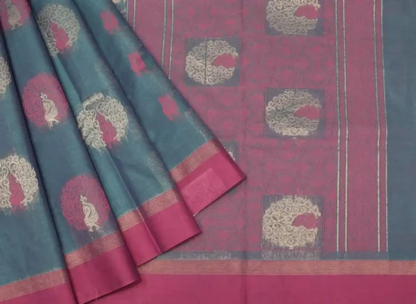 Handloom Pure Kovai Cotton Saree in Teal Peacock Blue with Pink Accents