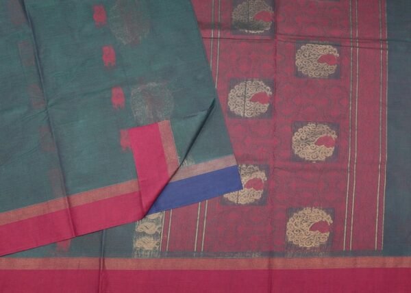 Handloom Pure Kovai Cotton Saree in Teal Peacock Blue with Pink Accents