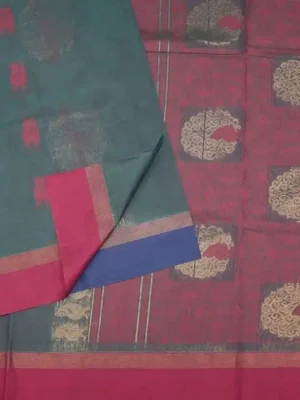Teal Blue Kovai Cotton Saree In CloseUp