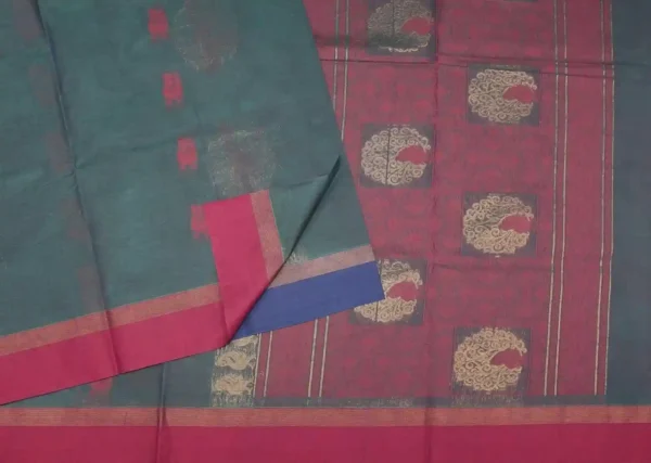 Handloom Pure Kovai Cotton Saree in Teal Peacock Blue with Pink Accents