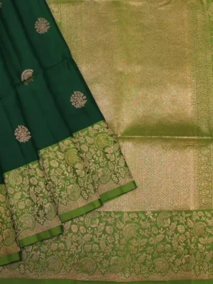 Handloom Pure Soft Silk Saree In Dark Bottle Green With Antique Zari
