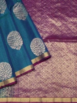 Handloom Pure Silk Cotton Saree in Peacock Blue with Contrast Magenta Pallu