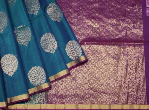 Handloom Pure Silk Cotton Saree in Peacock Blue with Contrast Magenta Pallu