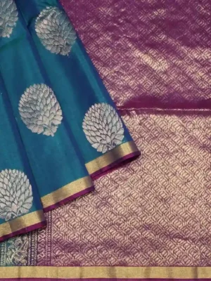 Handloom Pure Silk Cotton Saree in Peacock Blue with Contrast Magenta Pallu