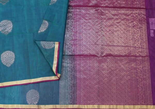 Handloom Pure Silk Cotton Saree in Peacock Blue with Contrast Magenta Pallu