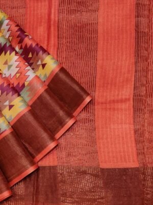 Pure Tussar Silk Saree with Geometric Patterns & Zari