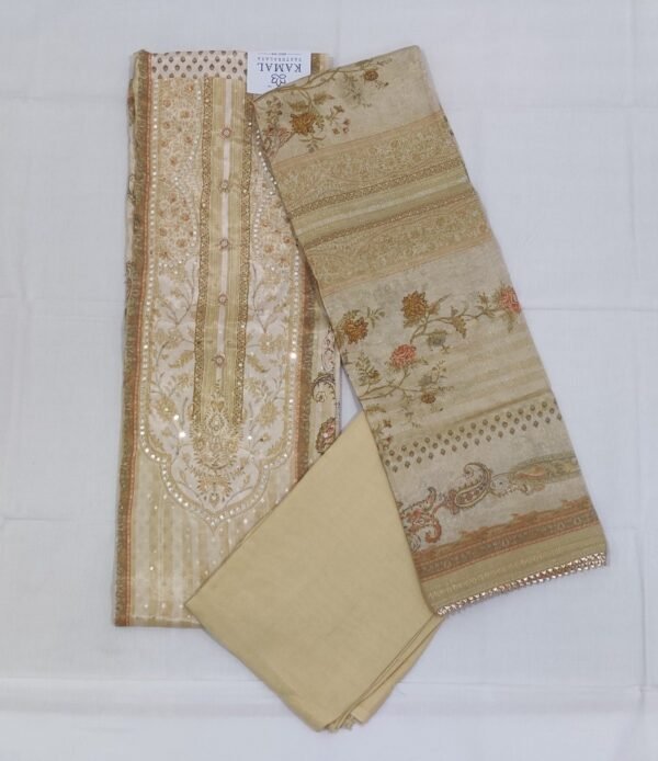 Semi Silk Salwar Material with Digital Prints, Chamki, Mirror, and Thread Work